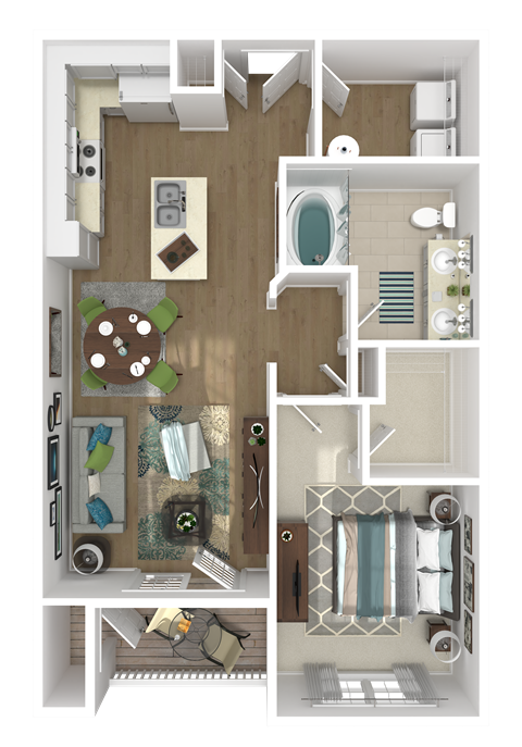 Floor plan for 1 bed, 1 bath, 882 sqft